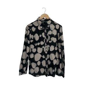 Raffinalla Black Abstract Circle Print Linen Blend Button Down Size 10 Lagenlook